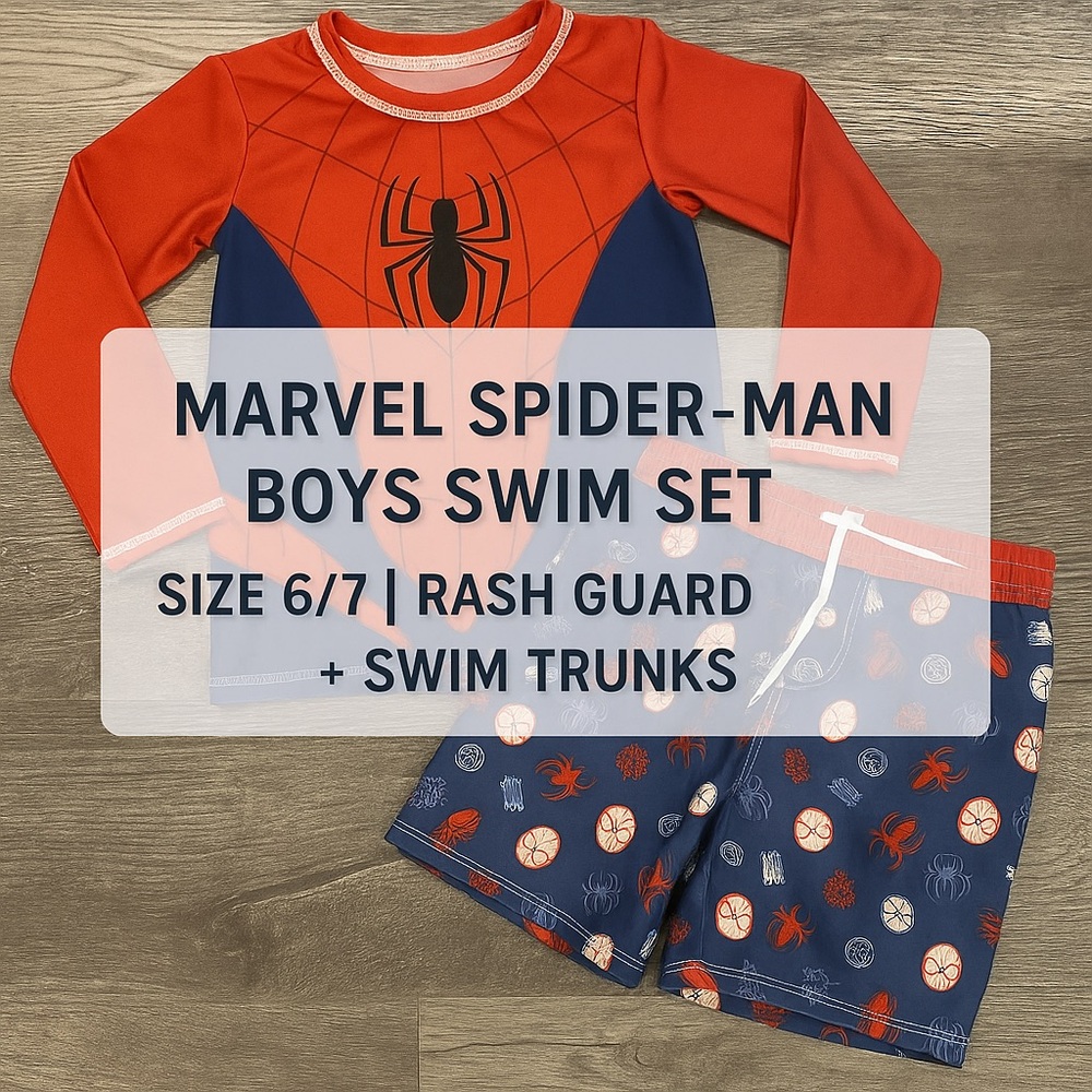 Marvel Spider-Man Boys Swim Set Size 6/7 | Rash Guard + Swim Trunks